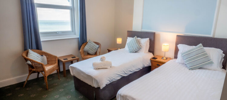 Twin room with two single beds, sea-view windows and patterned carpet at The Oasis